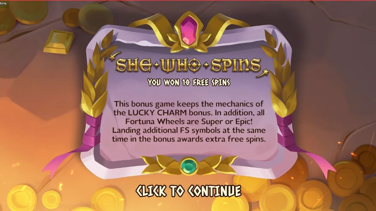 Dewi Fortuna duduk di samping gulungan slot Rise of Fortuna dengan latar belakang arsitektur Romawi kuno.