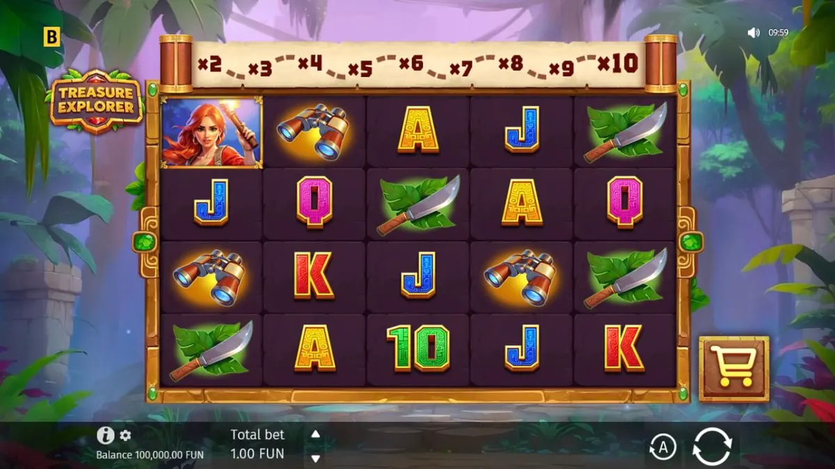 Tampilan antarmuka permainan slot Treasure Explorer dengan latar belakang hutan dan reruntuhan Aztec.